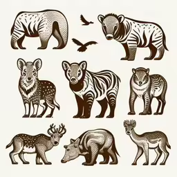 several different types of animals standing on a white background,a series of african wildlifes