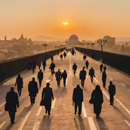 silhouettes of people walking on a bridge during sunset