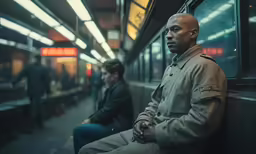 two men sitting in a train near another man