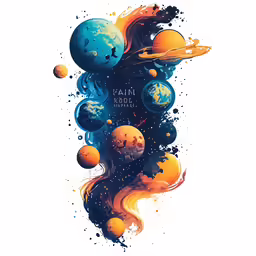 some blue orange and yellow planets in space