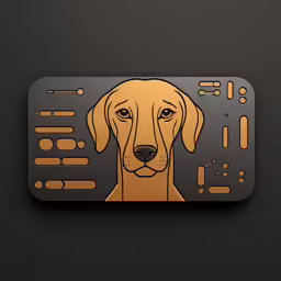 a golden puppy is on a black plaque with orange details