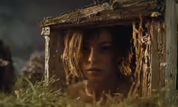 a woman sits in the grass with a broken out hut