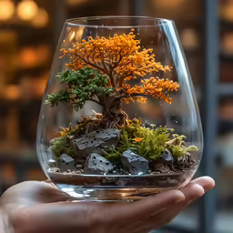 there is a small bonsai tree in a glass vase