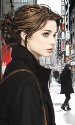 an illustration of a woman wearing a black coat and a brown purse on the street