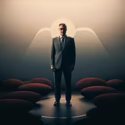 a man standing on top of a stage surrounded by red seats