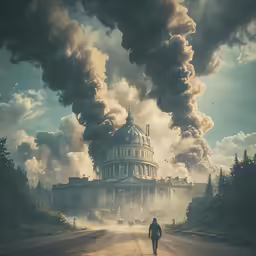 a man is walking down a dirt road in front of an old building with thick, black smoke billowing from the top