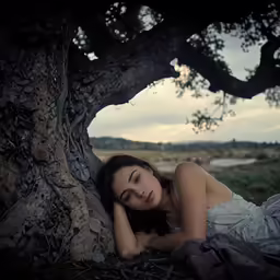 a woman laying under a tree next to a field