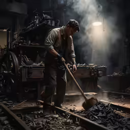 man in overalls cleans the floor of a building with a broom