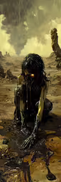 a creature sits in a puddle of water with its head resting on his knees,a painting of an alien with black hair, sitting on the ground