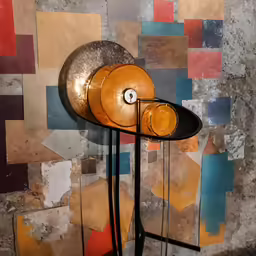 an unusual clock on display in front of a geometric wall