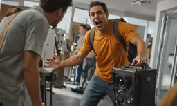 an excited man in front of a camera