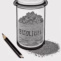 an etcoleum jar with text surrounded by scattered sand