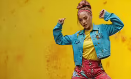a girl that is posing for a picture with a blue jacket