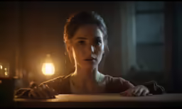 a woman sitting at a table in front of a light
