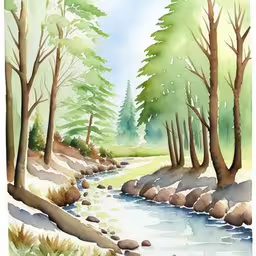 a painting of a river running through a forest,a stream running through a pine forest