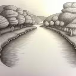 a drawing of an illustration with an empty river in the middle