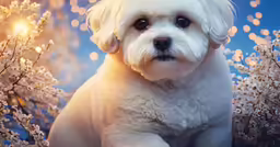 white poodle with blue eyes and yellow highlights on its fur