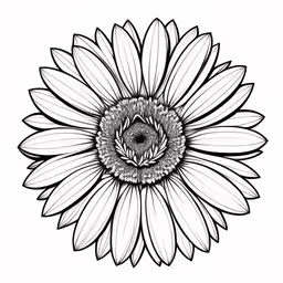 an ink drawing of a flower in white and black,the top of a sunflower is drawn in black ink,the flower has a spiral shape and is drawn in pencil,black and white drawing of a sunflower,a sunflower flower on white background