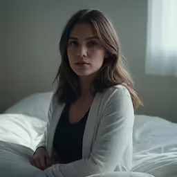 a beautiful woman sitting on top of a bed