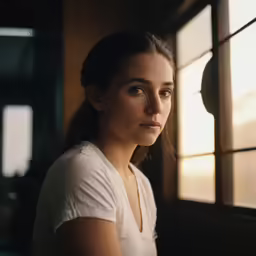 a close up of a person standing by a window