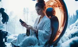 a woman sitting in the back of a car with snow on the ground