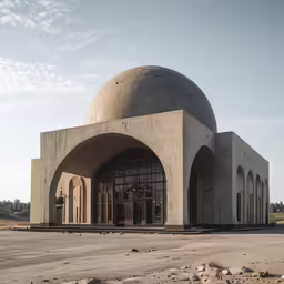 the building is made out of concrete and there are two arches that have glass doors at the top