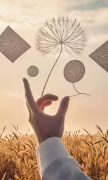 someone is holding out their hand with a dandelion in the air