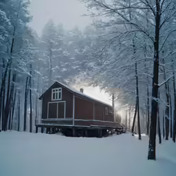the red cabin has snow around it