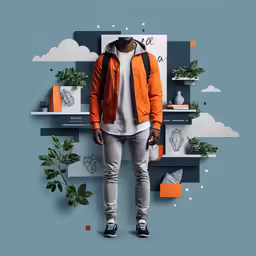 the man is standing by a wall with several shelves and plants