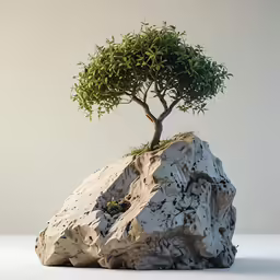 a miniature tree is sitting on top of a rock