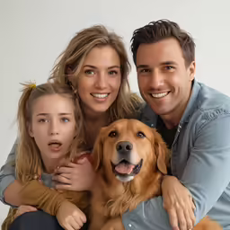 a man and two girls are posing for a picture with their dog