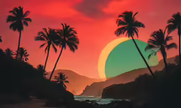 an animated sunset with the moon setting over a beautiful island