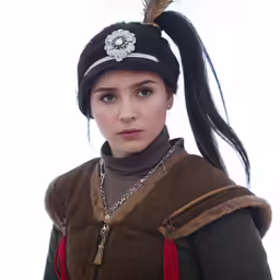 a woman wearing a head dress has a small flower in her hair