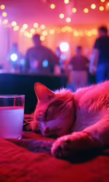 a cat lies on a bed with a cup and a glass