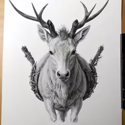 a pencil drawing of a stag that is in front of a white wall