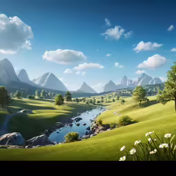 a beautiful green landscape with flowers and mountains
