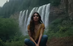 a woman is sitting on the ground in front of a waterfall