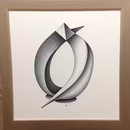 a black and white artwork with a wooden frame,a black and white drawing on a white paper