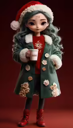 a christmas doll with long green hair holding a cup of coffee