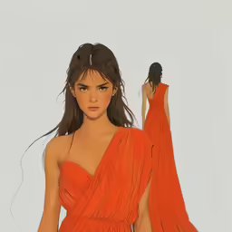 the painting depicts a female figure with a very short orange dress