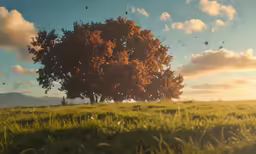 a tree on a grassy field at sunrise