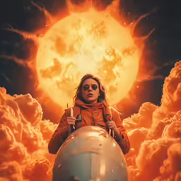 a woman standing in front of a large sun