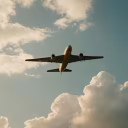 an airplane flying through the blue sky in a cloud filled sky