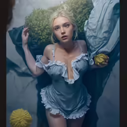 a woman in blue and white is lying down