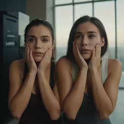 two young beautiful woman standing in front of a mirror with their hands on their chests