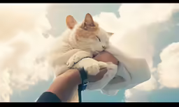 a person holds a cat in front of the sky