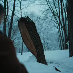 a tree stump lying on the ground covered in snow
