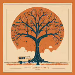 a yellow poster with an orange circle with the image of a tree and a school bus in it,a painting of a bus underneath a tree