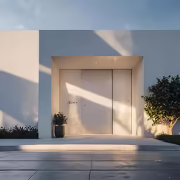 the front door to a modern home has large plants