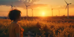 a person with a yellow top near a field of flowers and a windmill in the background